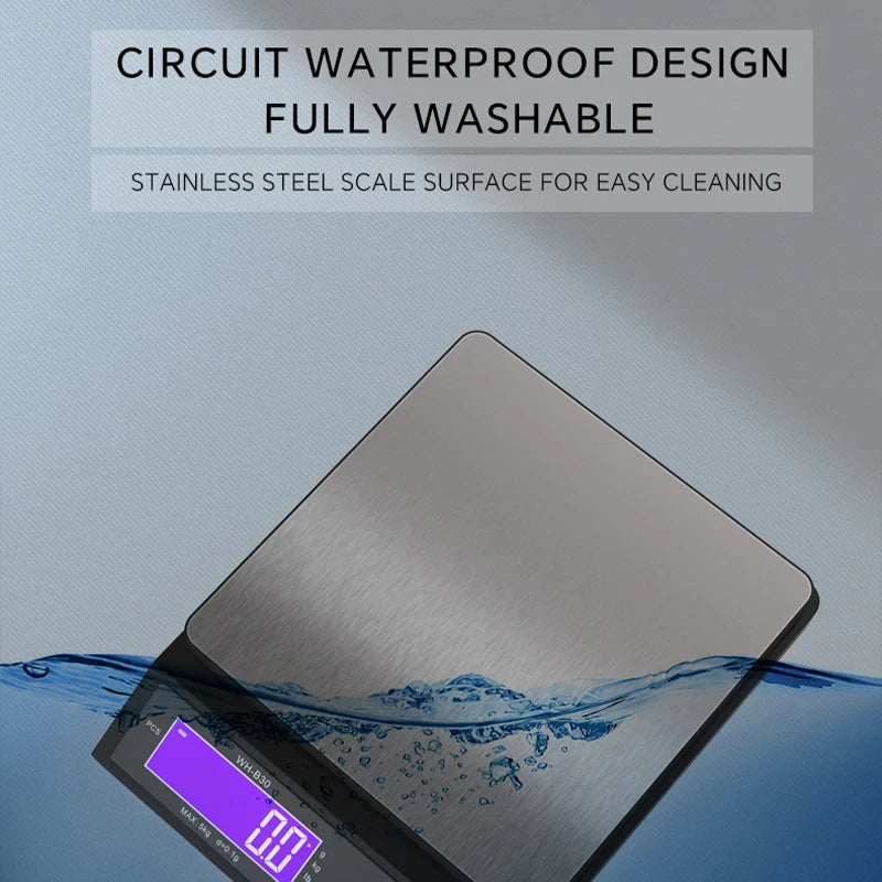 Balance de cuisine numérique – Outil de pesée étanche en acier inoxydable avec affichage à cristaux liquides, capacité de 5 kg/0,1 g et 10 kg/1 g