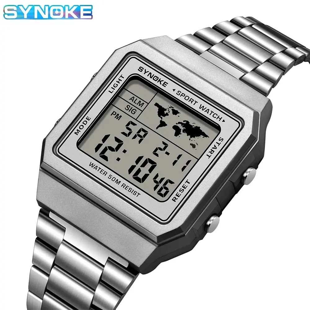 Montre numérique de sport pour hommes, bracelet en acier inoxydable, étanche 5 bars, rétroéclairage, légère, affichage numérique clair