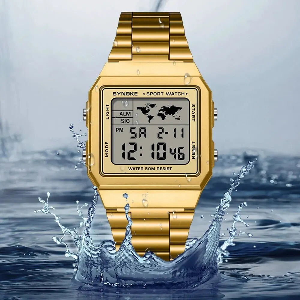 Montre numérique de sport pour hommes, bracelet en acier inoxydable, étanche 5 bars, rétroéclairage, légère, affichage numérique clair