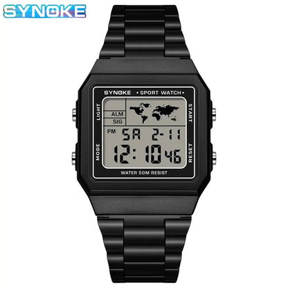 Montre numérique de sport pour hommes, bracelet en acier inoxydable, étanche 5 bars, rétroéclairage, légère, affichage numérique clair