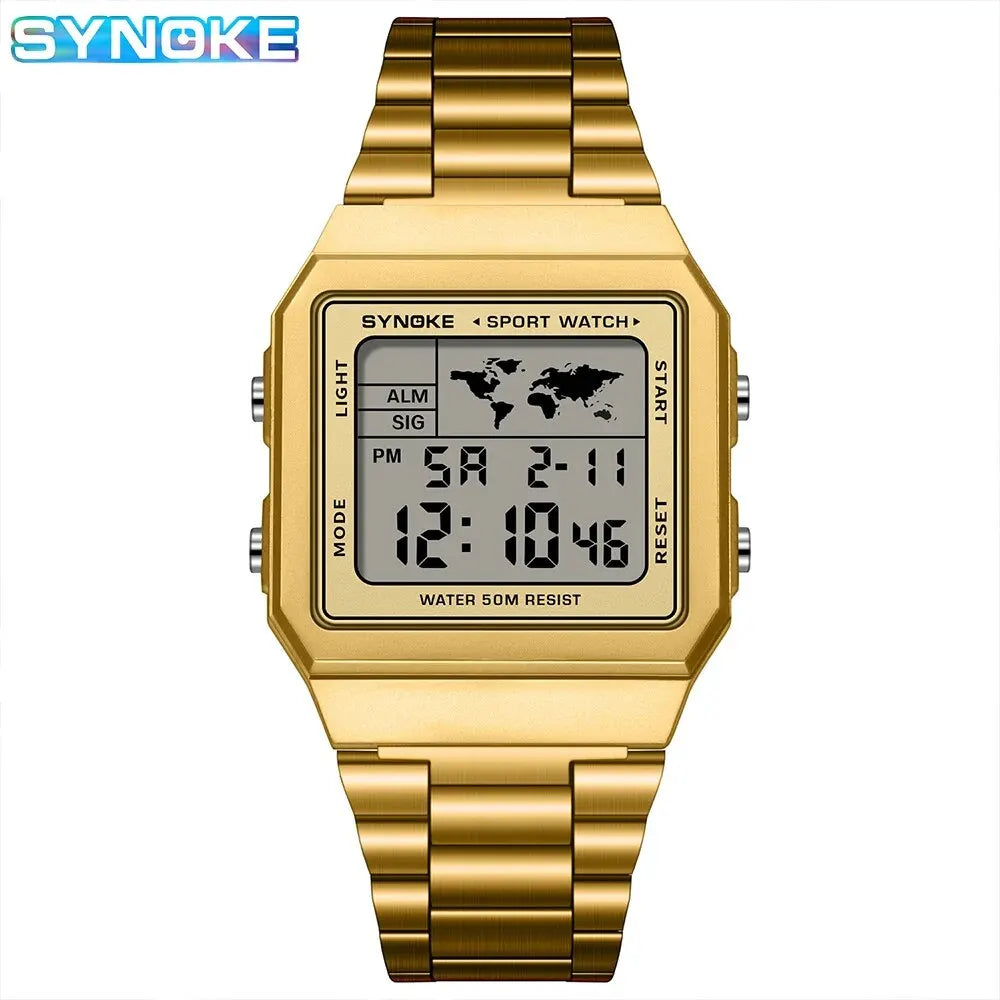 Montre numérique de sport pour hommes, bracelet en acier inoxydable, étanche 5 bars, rétroéclairage, légère, affichage numérique clair