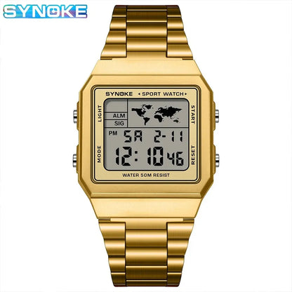 Montre numérique de sport pour hommes, bracelet en acier inoxydable, étanche 5 bars, rétroéclairage, légère, affichage numérique clair