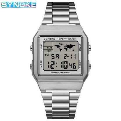 Montre numérique de sport pour hommes, bracelet en acier inoxydable, étanche 5 bars, rétroéclairage, légère, affichage numérique clair