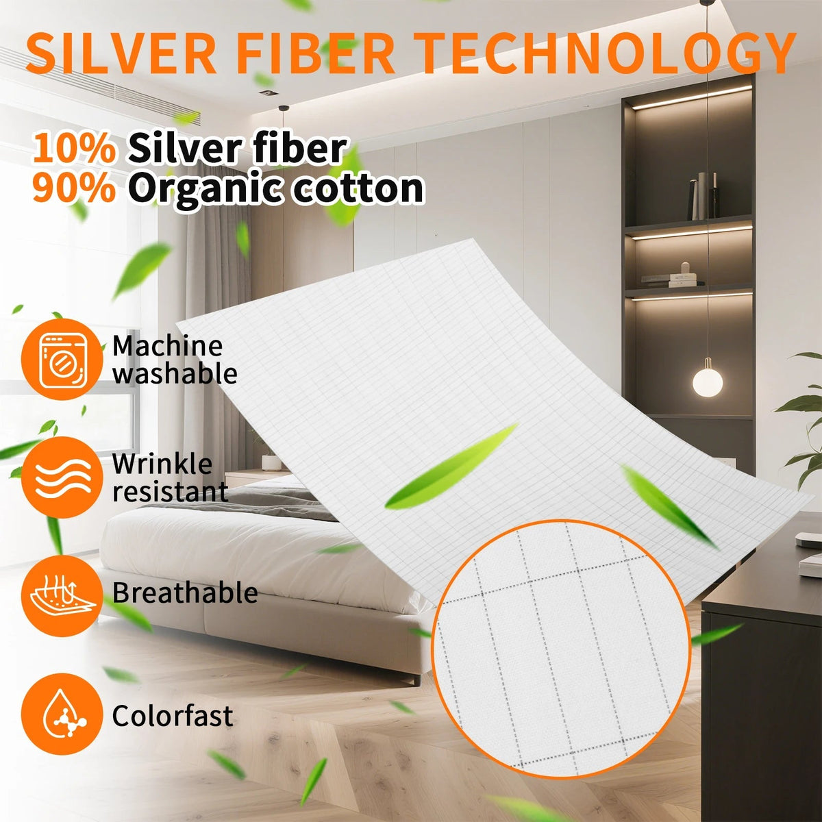Drap de lit en coton et fibre d'argent pour un sommeil apaisant – Lavable en machine, antistatique, neutre