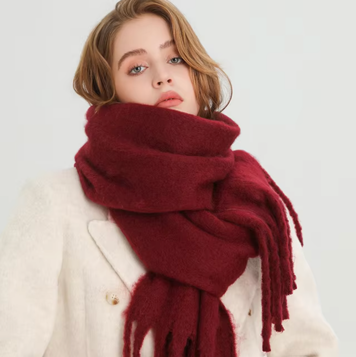 Écharpe Femme Surdimensionnée en Peluche avec Franges – Douce et Élégante pour l'Hiver, Confort et Style 15