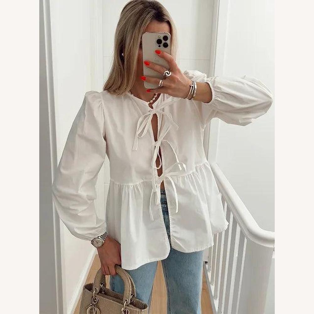 Blouse nouée féminine en coton léger avec manches bouffantes – Col en V élégant et coupe ample