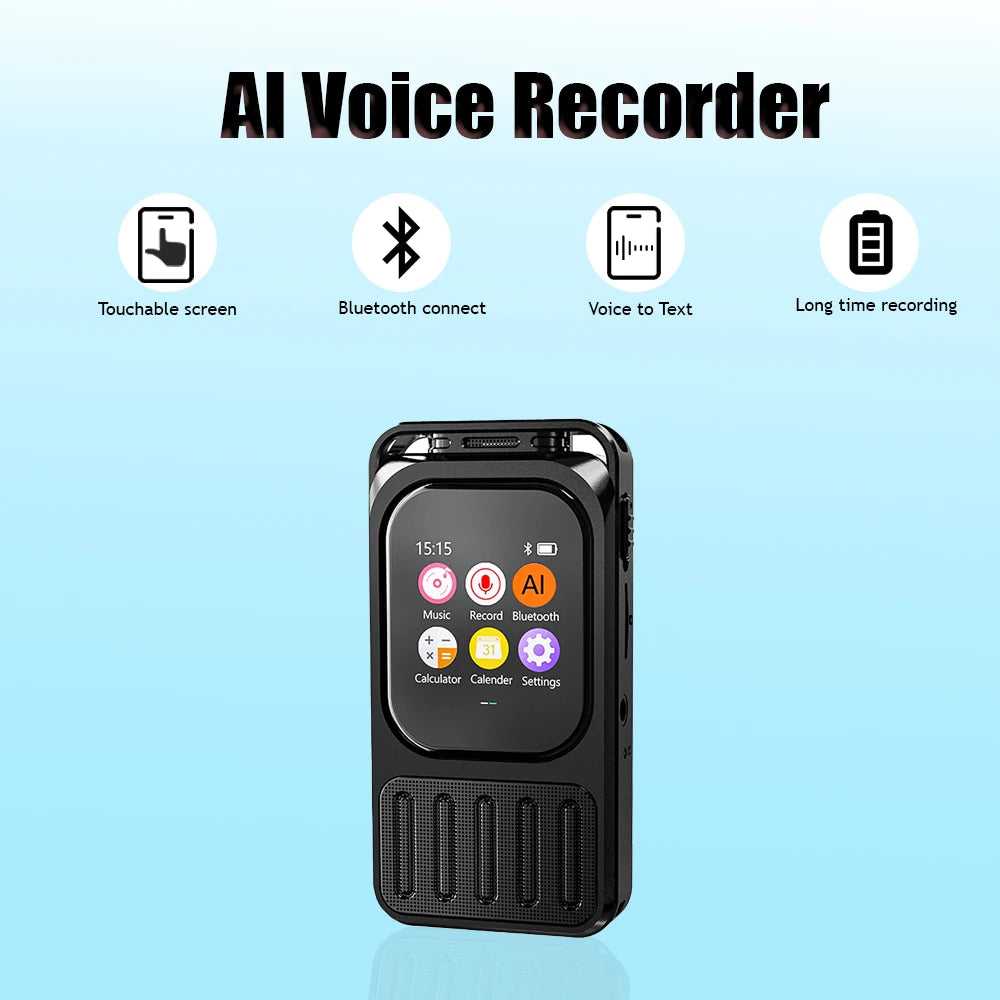 Enregistreur vocal Bluetooth à intelligence artificielle avec écran tactile 2,01 pouces et batterie de 1200 mAh – 79 heures d'enregistrement