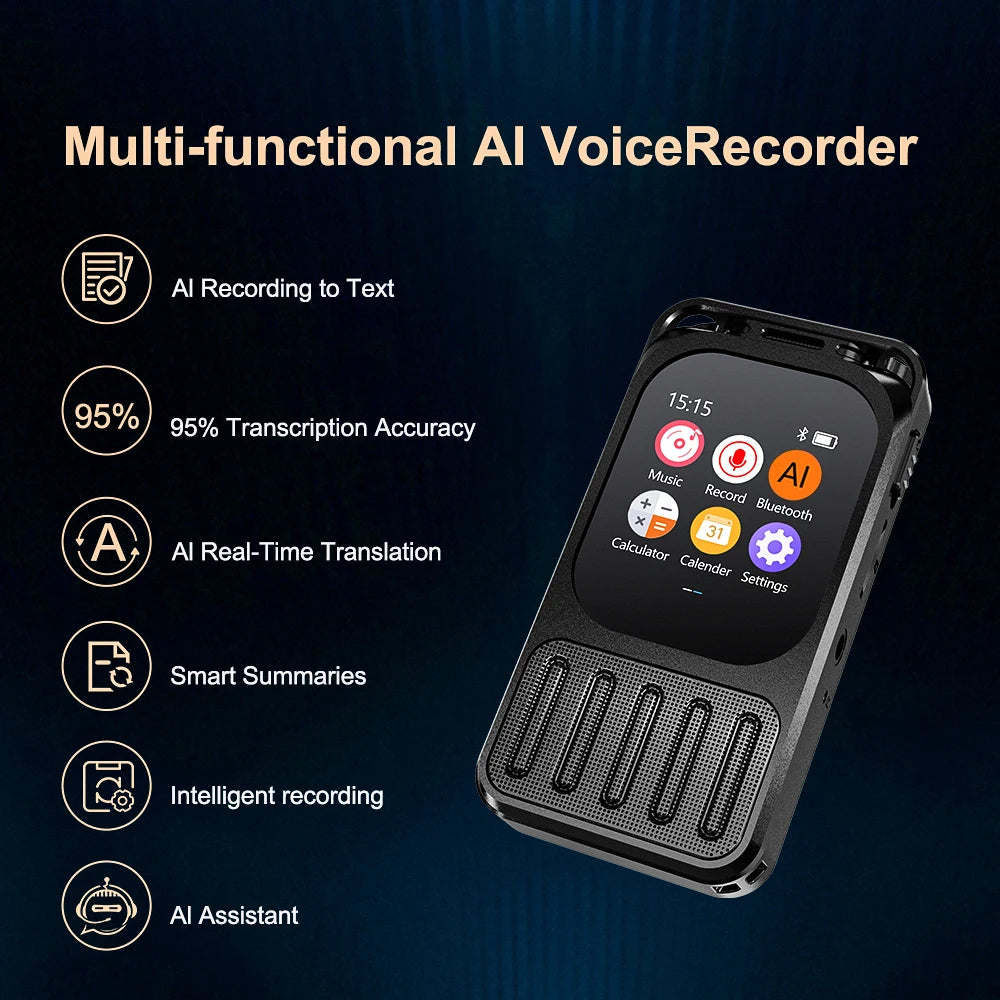 Enregistreur vocal Bluetooth à intelligence artificielle avec écran tactile 2,01 pouces et batterie de 1200 mAh – 79 heures d'enregistrement