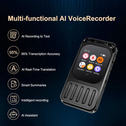 Enregistreur vocal Bluetooth à intelligence artificielle avec écran tactile 2,01 pouces et batterie de 1200 mAh – 79 heures d'enregistrement