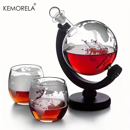Globe Carafe Set 900ML with Wooden Stand and 2 Whiskey Glasses – Lead-Free Carafe