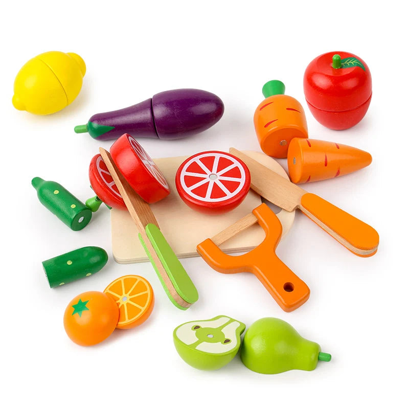 Montessori Wooden Kitchen Play Set for Children with Fruits and Vegetables to Cut – Interactive Educational Toy