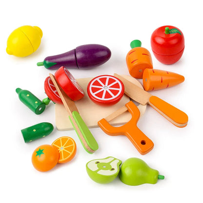 Montessori Wooden Kitchen Play Set for Children with Fruits and Vegetables to Cut – Interactive Educational Toy