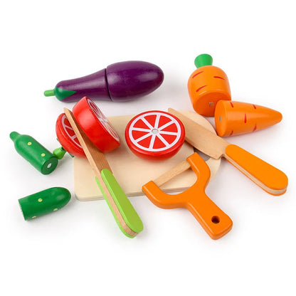 Montessori Wooden Kitchen Play Set for Children with Fruits and Vegetables to Cut – Interactive Educational Toy