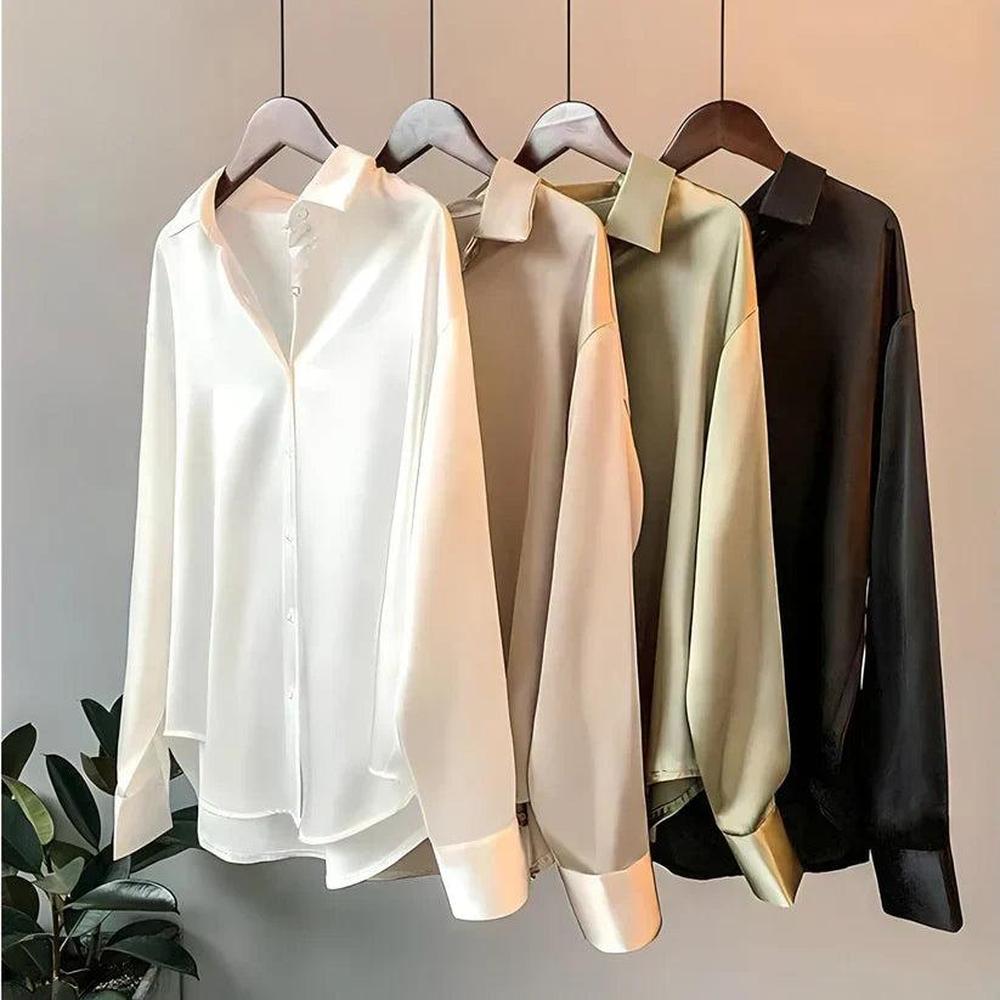 Blouse élégante pour femme en satin de soie blanche à manches longues et col classique - Chemisier chic pour toutes les occasions
