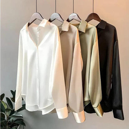 Blouse élégante pour femme en satin de soie blanche à manches longues et col classique - Chemisier chic pour toutes les occasions