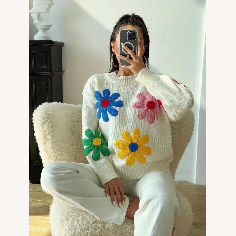 Pull ample pour femme avec fleurs brodées en maille douce – Confort et style décontracté