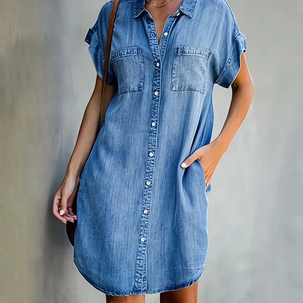 Elegant Dark Blue Women's Denim Dress, Turned Collar and Short Sleeves - Comfortable and Chic Denim Dress