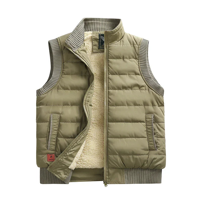 Veste matelassée chaude pour homme en velours d'agneau, coupe ajustée avec col mao et poches passepoilées – Élégante pour l'hiver