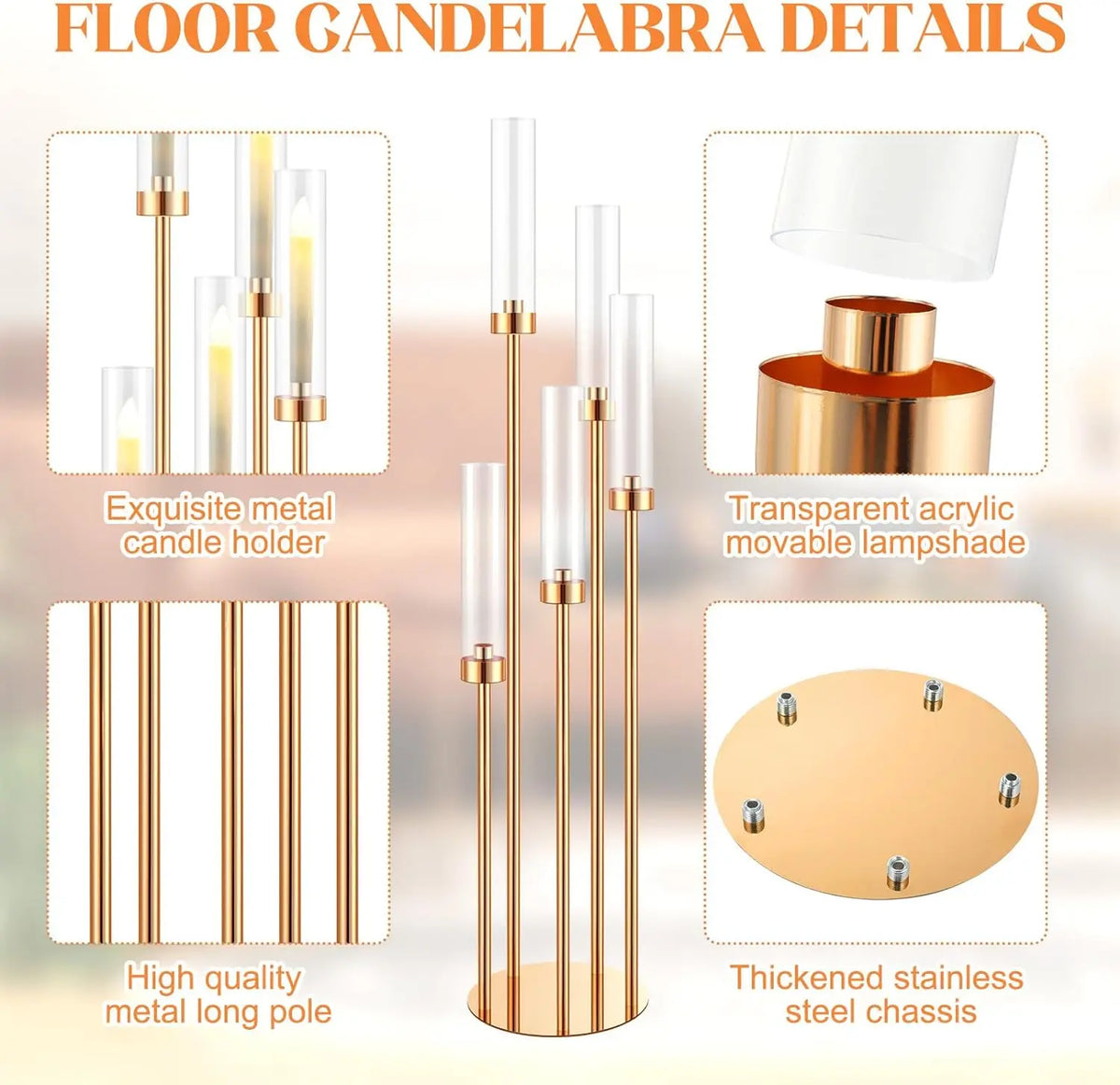Gleam Candelabra | 5 Arm Gold Candle Holder with Acrylic Shades