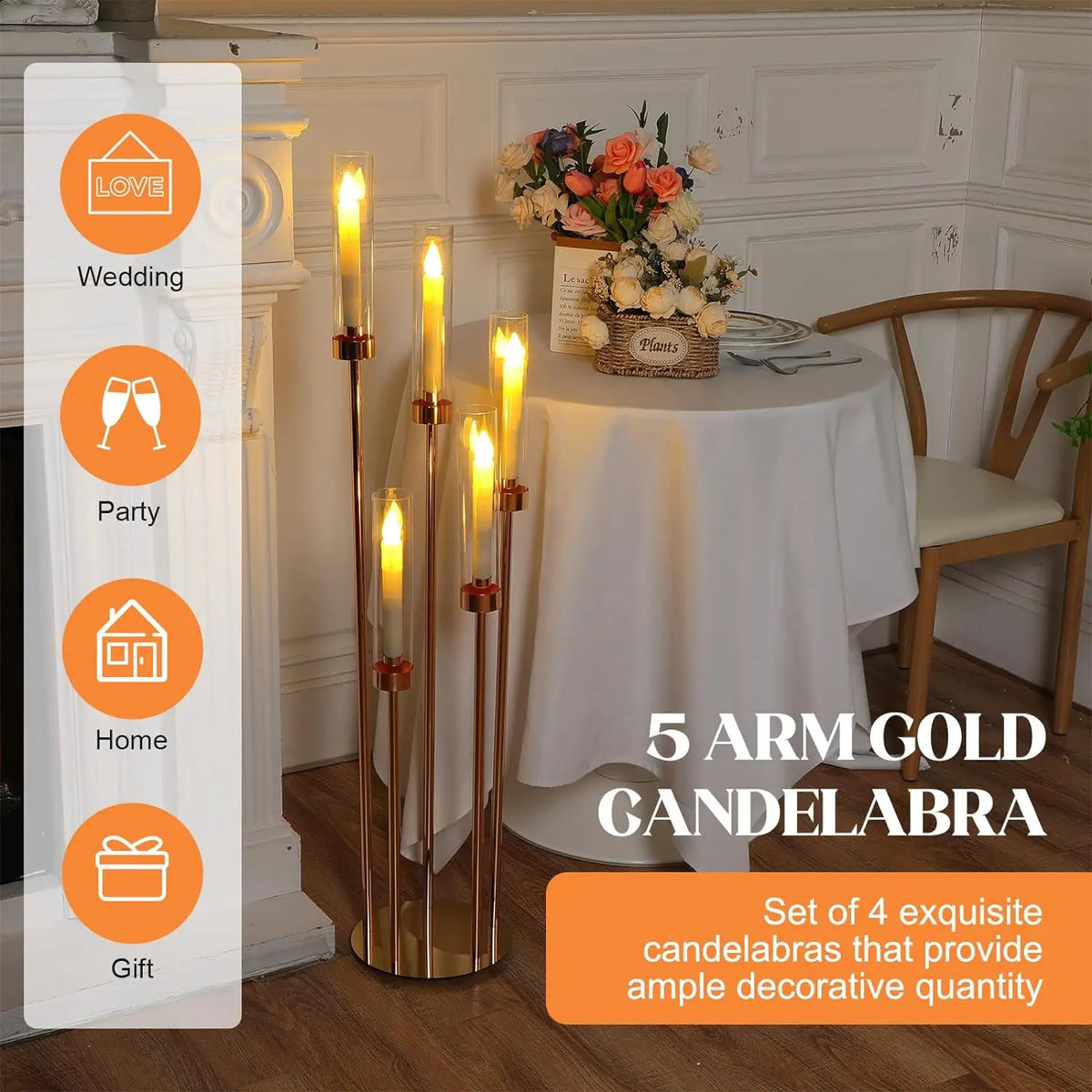 Gleam Candelabra | 5 Arm Gold Candle Holder with Acrylic Shades