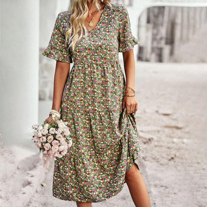 Women's Long Floral Summer Dress – Elegant in Apricot, Black, Blue, Green, and Royal Blue, Chic and Versatile Model