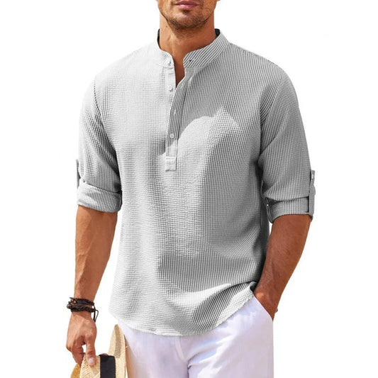 Casual Long Sleeve Shirt Top with Stand Collar and Pineapple Checkered Pattern for Men