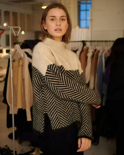 Haven Herringbone Sweater | Stand Collar, Oversized Fit