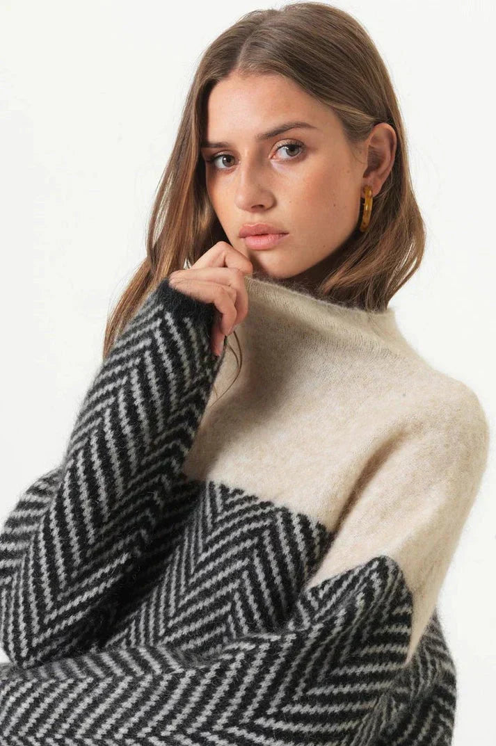 Haven Herringbone Sweater | Stand Collar, Oversized Fit