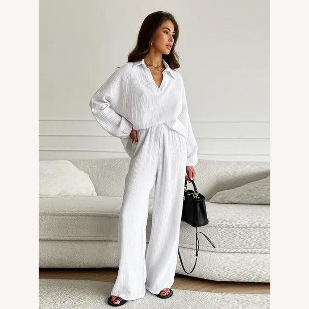 Ensemble assorti en coton gaufré pour femmes – Chemise ample et pantalon à jambes larges, coupe décontractée, style informel