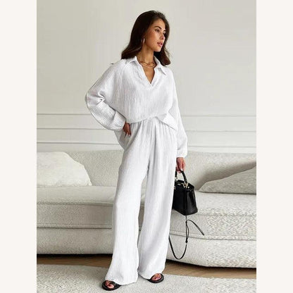 Ensemble assorti en coton gaufré pour femmes – Chemise ample et pantalon à jambes larges, coupe décontractée, style informel