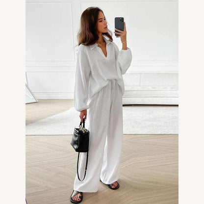 Ensemble assorti en coton gaufré pour femmes – Chemise ample et pantalon à jambes larges, coupe décontractée, style informel