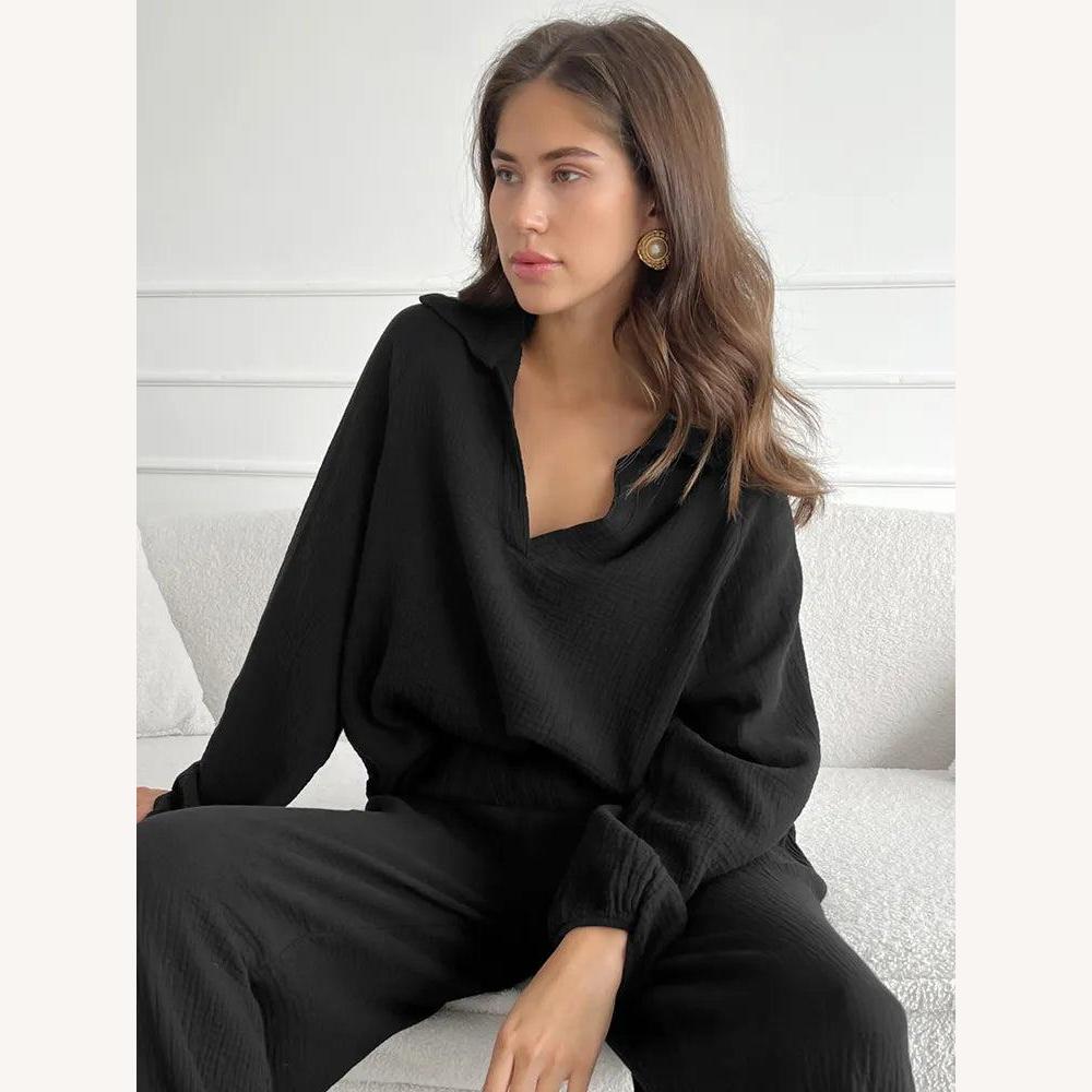 Ensemble assorti en coton gaufré pour femmes – Chemise ample et pantalon à jambes larges, coupe décontractée, style informel