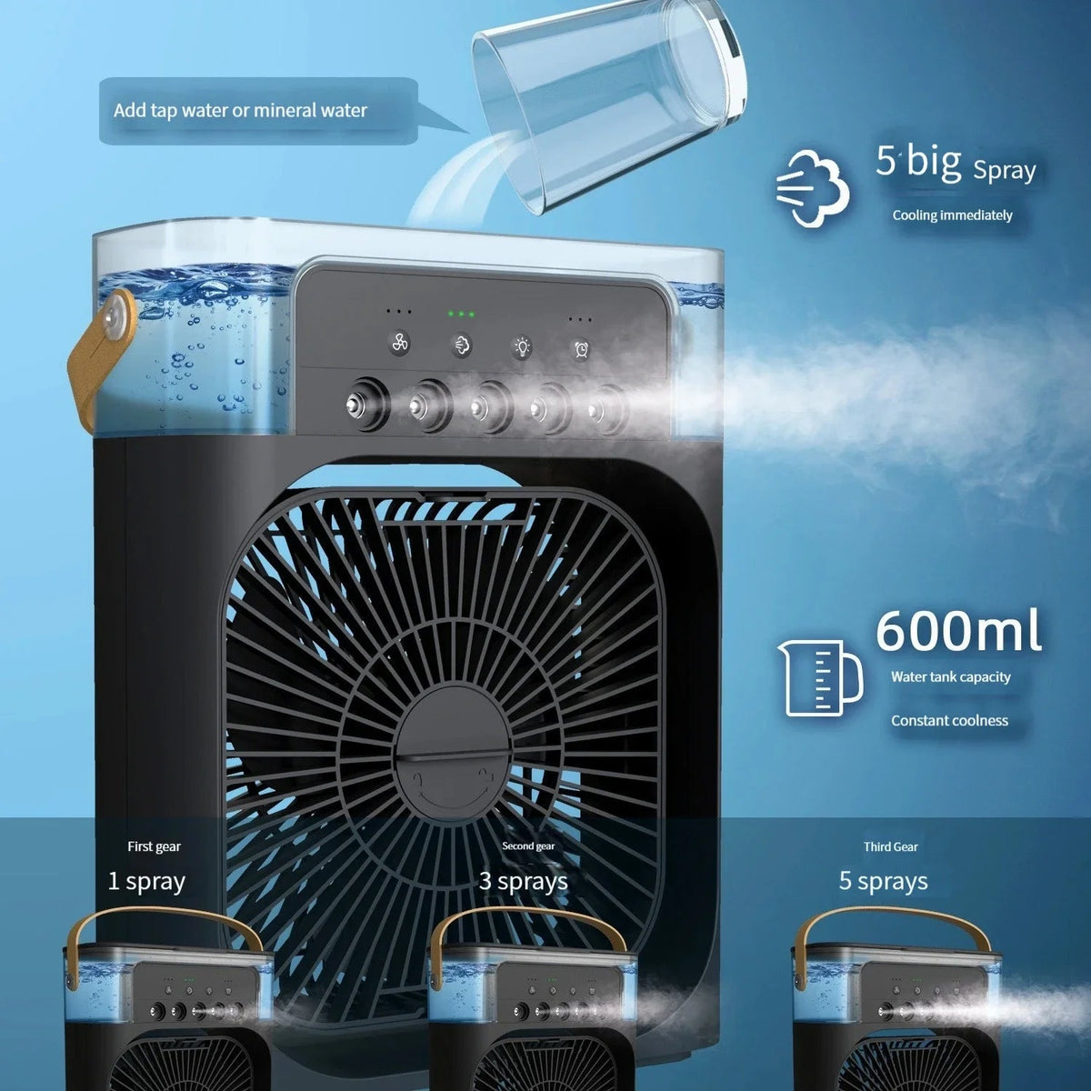 Humidificateur d'air mini USB 3 en 1 avec ventilateur rafraîchissant et veilleuse