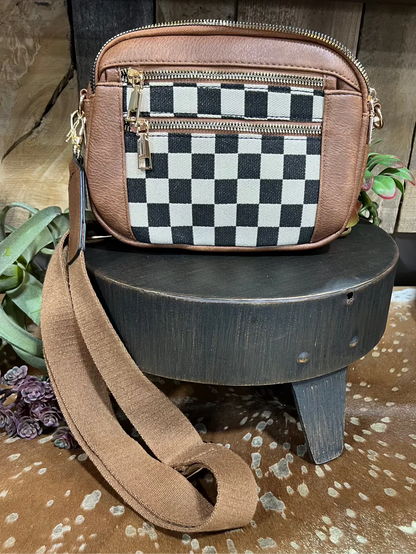 Sac à main féminin élégant et pratique à carreaux avec bandoulière réglable – Noir et blanc 30x25x10 cm