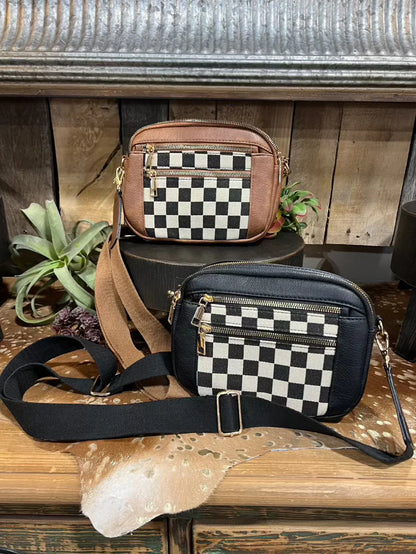 Sac à main féminin élégant et pratique à carreaux avec bandoulière réglable – Noir et blanc 30x25x10 cm