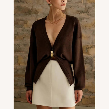 Pull ample à col en V pour femme en maille douce – Élégant et confortable, manches longues, couleur unie