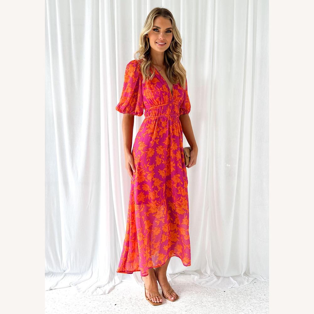 Robe longue élégante pour femme avec encolure en V – Robe d'été longue en tissu de haute qualité, idéale pour toutes les occasions
