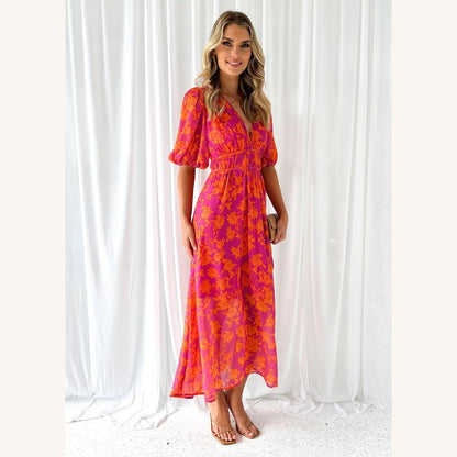 Robe longue élégante pour femme avec encolure en V – Robe d'été longue en tissu de haute qualité, idéale pour toutes les occasions