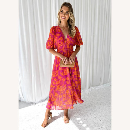 Robe longue élégante pour femme avec encolure en V – Robe d'été longue en tissu de haute qualité, idéale pour toutes les occasions