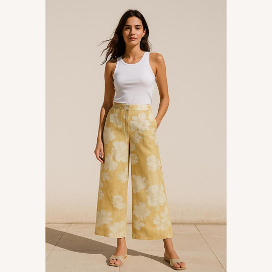 Pantalon fluide élégant pour femme à taille haute avec imprimé floral – Jaune, coupe droite légère et confortable
