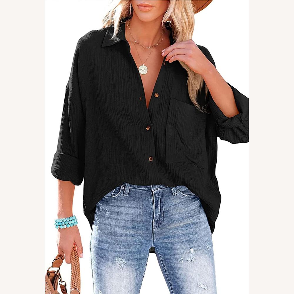 Chemise pour femme en gaze de coton 100 % – Coupe ample et style estival, poche poitrine, décontractée