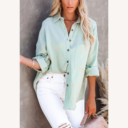 Chemise pour femme en gaze de coton 100 % – Coupe ample et style estival, poche poitrine, décontractée