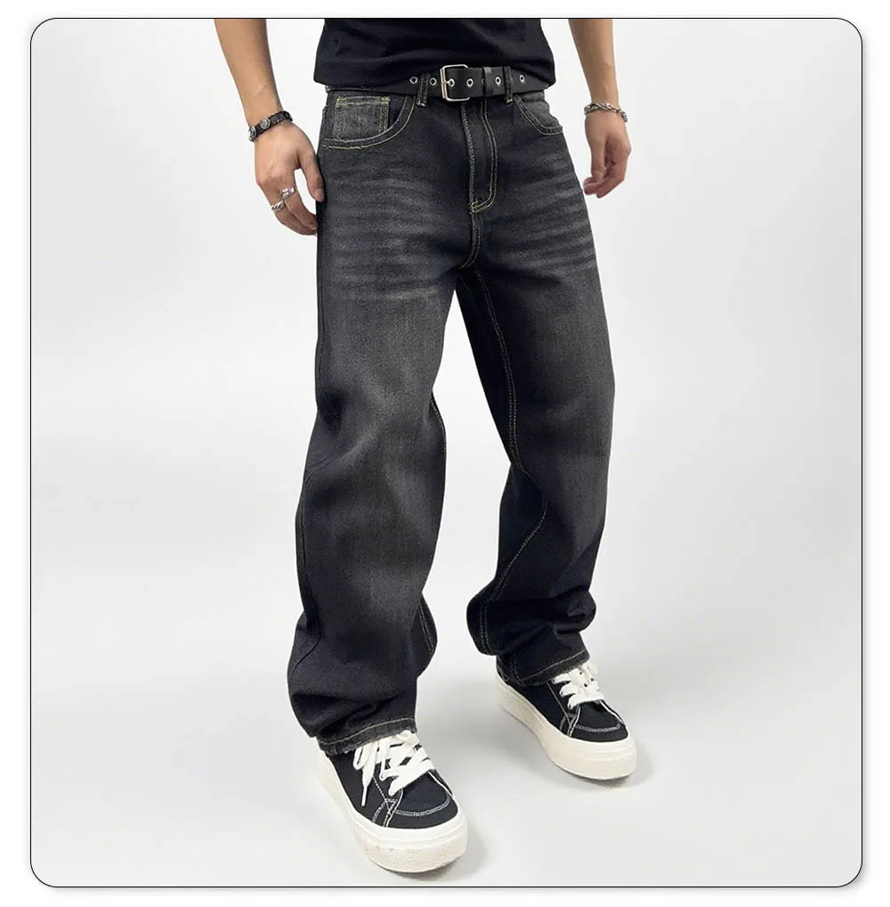 Jean en denim lavé surdimensionné pour homme - Coupe droite confortable pour l'automne et l'hiver