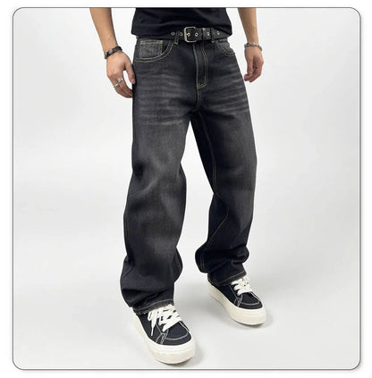 Jean en denim lavé surdimensionné pour homme - Coupe droite confortable pour l'automne et l'hiver