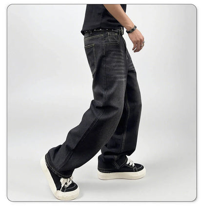 Jean en denim lavé surdimensionné pour homme - Coupe droite confortable pour l'automne et l'hiver