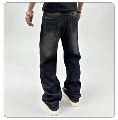 Jean en denim lavé surdimensionné pour homme - Coupe droite confortable pour l'automne et l'hiver