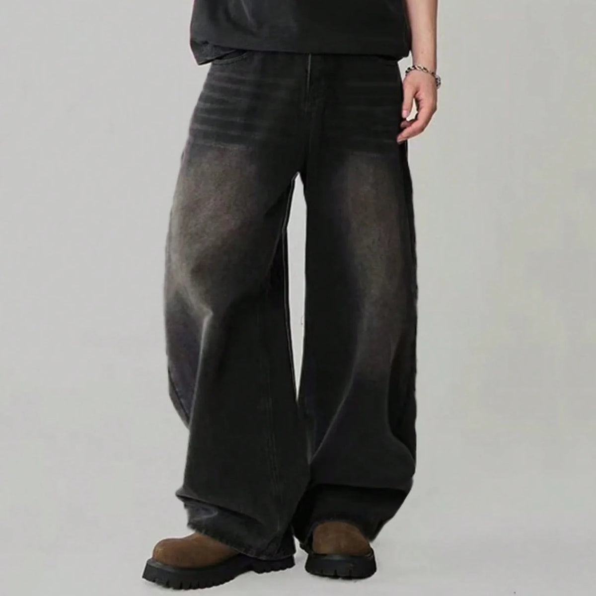 Jean large pour homme en coton – Coupe ample mi-haute avec poches et lavage aux enzymes