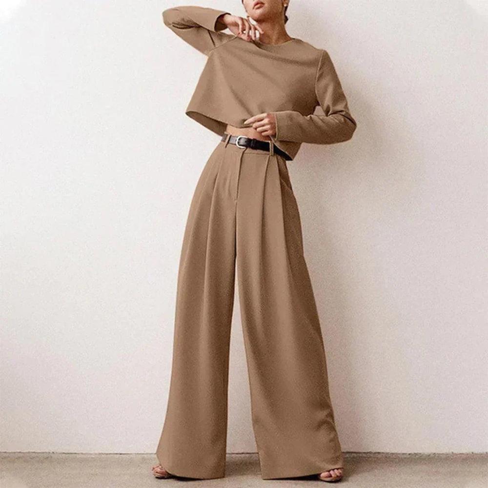 Variant image for Ensemble Tailleur Femme Chic à Jambes Larges – Haut Court et Pantalon Taille Haute en Polyester-11