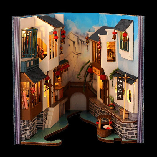 DIY Wooden Book Corner Kit with Lighting – Interior Decoration Sakura Alley, Size 17x18.5x8.5 cm