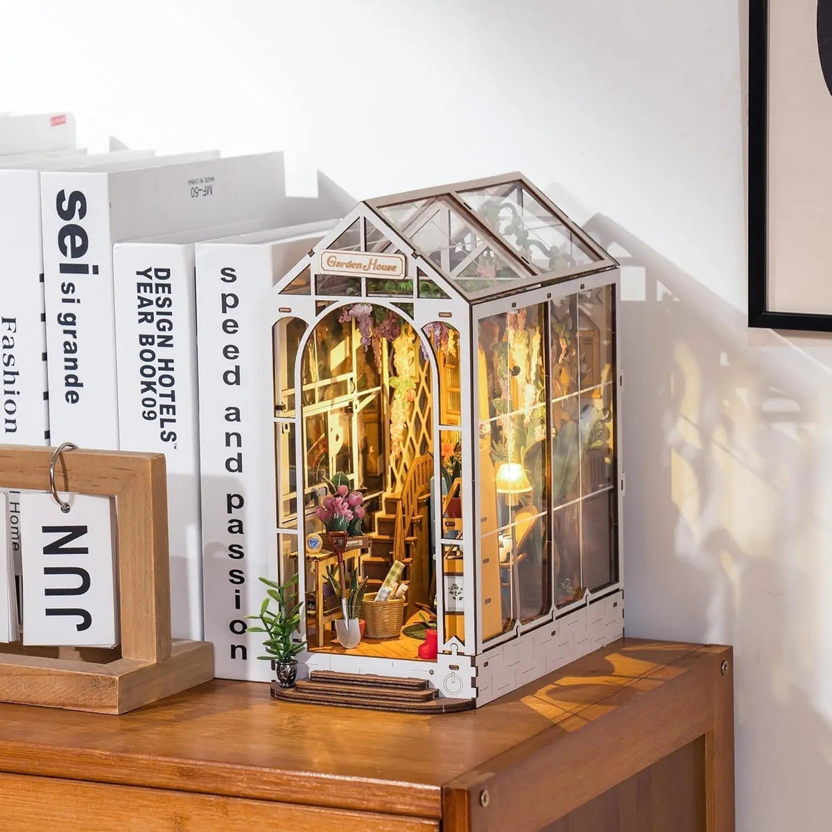 DIY Dollhouse Kit with LED Light – Miniature Garden to Assemble for Shelf Decoration